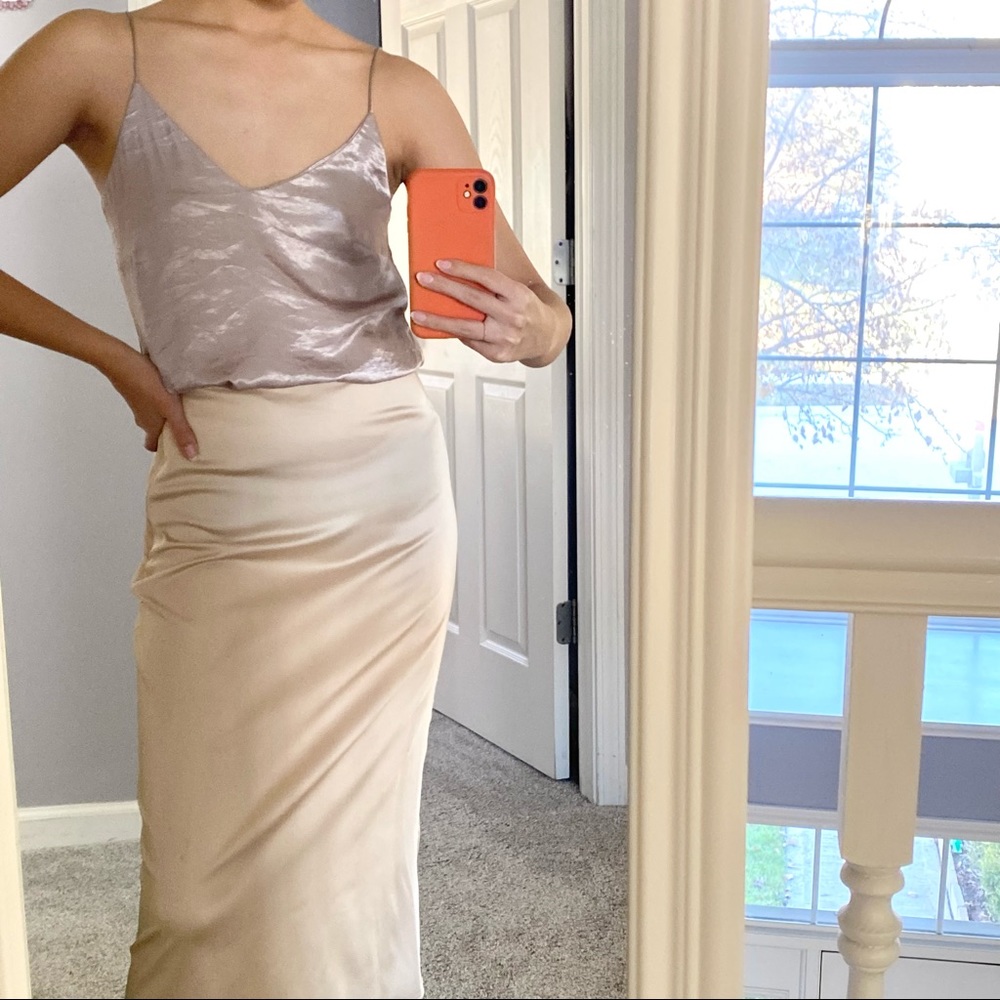 Forever 21 Champagne Satin Slip Midi Skirt, S